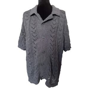 American Eagle Crochet Sweater Polo Shirt Grey Knit Button Up Boho Men's Large